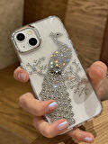 iPhone 15 Uyumlu Taşlı Tavuskuşu Desenli Şeffaf Kılıf