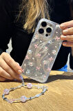 iPhone 16 Pro Uyumlu Kurdeleli Çiçekli Desenli Boncuklu Bilek Askılı Charmlı Kılıf