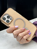 iPhone 15 Pro Max Uyumlu Sararmaz Sert Mika MagSafe Pırlanta Taşlı Şeffaf Gold Kılıf