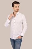 Beyaz Kahve Düğmeli Keten Slimfit   Gömlek