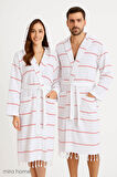 Kapşonlu Unisex Beyaz Çizgili Banyo Deniz Plaj Peştemal Bornozu %100 Pamuklu