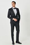 Erkek Siyah Slim Fit Dar Kesim Mono Yaka Desenli Klasik Smokin Takım