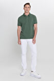 Erkek Haki %100 Pamuk Kıvrılmaz Yaka Slim Fit Dar Kesim Polo Yaka Kısa Kollu Tişört
