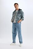 DeFacto Oversize Geniş Kalıp Kapüşonlu Düğmeli Mevsimlik Baharlık Jean Ceket D0417AX24AUNM39