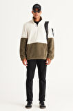 Erkek Bej-haki Standart Fit Bato Yaka Kanguru Cepli Çift Renkli Sherpa Polar Sweatshirt