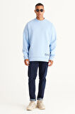 Erkek Açık Mavi Oversize Fit Bol Kesim Içi Polarlı 3 Iplik Pamuklu Baskılı Sweatshirt