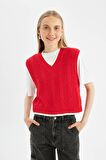 DeFacto Coool Slim Fit Dar Kesim Basic Düz V Yaka Kırmızı Triko Süveter D4680AX24AURD56