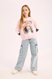 Kız Çocuk Relax Fit Bisiklet Yaka Baskılı Sweatshirt
