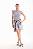 KADIN LİKRALI KISA KOL CROP BLUZ