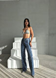 Kadın Koyu Mavi Renk Loose Fit Önü Starlight Parlak Taşlı Tasarım Denim