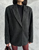 Kadın Çizgili Cepli Kaşe Blazer Ceket