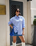 Kadın İnce Çizgili Pamuk-Saten Oversize Rahat Kalıp Gömlek 