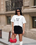 Kadın Bisiklet Yaka Kısa Kollu Oversize Crop Tshirt