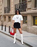 Kadın Bisiklet Yaka Kısa Kollu Oversize Crop Tshirt