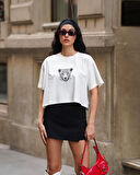 Kadın Bisiklet Yaka Kısa Kollu Oversize Crop Tshirt