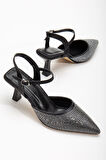 Sinda Siyah Saten Taş Detaylı İnce Topuklu Kadın Ayakkabı