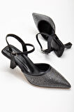 Sinda Siyah Saten Taş Detaylı İnce Topuklu Kadın Ayakkabı