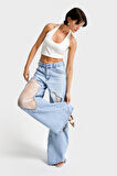 Kadın Kot rengi 12s5-27 Palazzo Fit Şeffaf Tül Dantel Detaylı %100 Koton Özel Tasarım Denim Jean