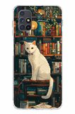 Samsung Galaxy M51 Uyumlu Kitaplık Beyaz Kedi Tasarımlı Baskılı Silikon Kılıf
