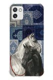 Samsung Galaxy A03 Uyumlu Mavi Kilim Desenli Siyah ve Beyaz At Baskılı Silikon Kılıf