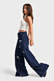 Kadın İndigo Renk 7s5-50 Palazzo Fit Taş Fiyonk Detaylı %100 Koton Tasarım Denim Jean
