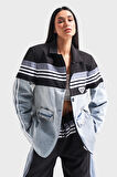 Kadın Kot Rengi Kumaş Denim Parçalı Şerit Detaylı Tasarım Oversize Denim Ceket