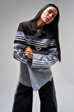 Kadın Kot Rengi Kumaş Denim Parçalı Şerit Detaylı Tasarım Oversize Denim Ceket