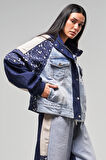 Kadın Kot Rengi Kumaş Denim Karışımlı  Kapüşonlu Oversize Tasarım Ceket