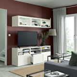 Tv ünitesi, beyaz-şeffaf cam, 180x42x192 cm, HANVIKEN/SINDVIK, çıt çıt raylı