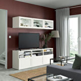 Tv ünitesi, beyaz-şeffaf cam, 180x42x192 cm, HANVIKEN/SINDVIK, çıt çıt raylı