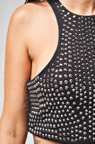 Kadın Siyah Renk Halter Yaka Parlak Yapıştırma Taşlı Tasarım Crop Top