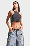 Kadın Siyah Renk Halter Yaka Parlak Yapıştırma Taşlı Tasarım Crop Top