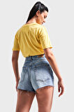 Kadın Mavi Renk 2s5-84 Mini Boy Arma Nakış Detaylı %100 Koton Mom Fit Denim Şort