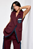 Kadın Bordo Renk Denim Parçalı Uzun Boy Özel Tasarım İçi Astarlı Yelek