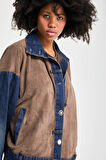 Kadın Kahve Kot Rengi Süet Denim Parçalı Özel Tasarım Denim Ceket