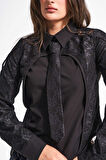 Kadın Siyah Renk Dantel ve Kravat Detaylı Özel Tasarım Gömlek