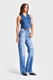 Kadın Mavi Renk 10s5-4 Straight Fit Yırtık Lazer Detaylı %100 Koton Yüksek Bel Denim Jean