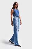 Kadın Mavi Renk 10s5-4 Straight Fit Yırtık Lazer Detaylı %100 Koton Yüksek Bel Denim Jean