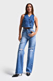 Kadın Mavi Renk 10s5-4 Straight Fit Yırtık Lazer Detaylı %100 Koton Yüksek Bel Denim Jean