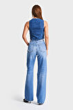 Kadın Mavi Renk 10s5-4 Straight Fit Yırtık Lazer Detaylı %100 Koton Yüksek Bel Denim Jean