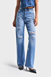 Kadın Mavi Renk 10s5-4 Straight Fit Yırtık Lazer Detaylı %100 Koton Yüksek Bel Denim Jean