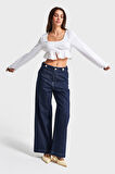 Kadın İndigo Renk 7s5-50 Culotte Fit Bol Kesim Viskon Koton Kumaş İç Boy 68cm Denim Jean