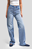 Kadın Mavi Renk T3-2S5-4 Parlak Taşlı Straight Fit Yüksek Bel %100 Koton Tasarım Denim Jean
