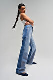 Kadın Mavi Renk T3-2S5-4 Parlak Taşlı Straight Fit Yüksek Bel %100 Koton Tasarım Denim Jean