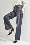 Kadın Koyu Tint Renk Olea 2w5-10 Wide Leg Fit Yüksek Bel İç Boy 77cm %100 Koton Denim Jean