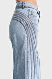 Kadın Kot Rengi Flare Fit Şerit Detaylı %100 Koton Özel Tasarım Denim Jean
