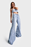 Kadın Kot Rengi Flare Fit Şerit Detaylı %100 Koton Özel Tasarım Denim Jean