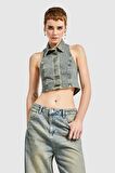 Kadın Kot Tint Rengi Önden Düğmeli Crop Denim Yelek