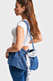 Mavi Renk 1w4-7 Cep Detaylı Fularlı Askılı Denim Çanta