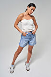Kadın Mavi Renk T-2S5-4  Parlak Taşlı Mom Fit Midi Boy Tasarım %100 Koton Denim Şort
